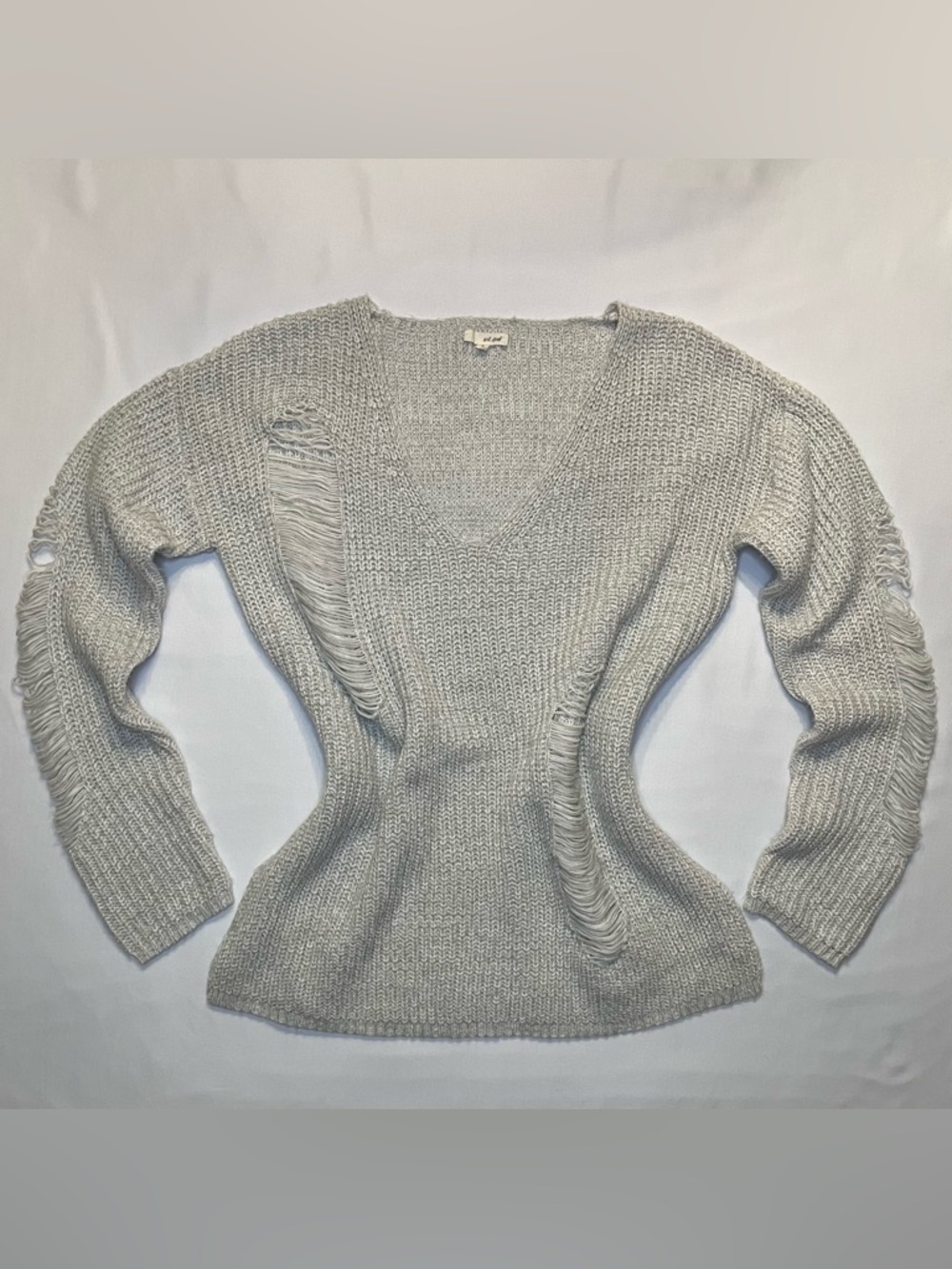 Vintage Y2K Wet Seal Oversized Distressed Knit Sweater Gray V-Neck Women’s Smal